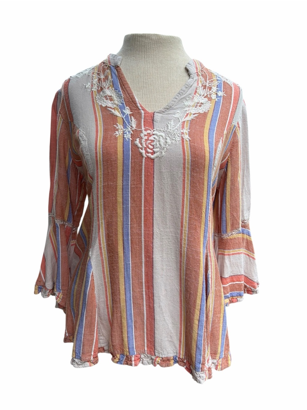 Nostalgia Boho Striped V-Neck Tunic in Coral, Blue & Cream